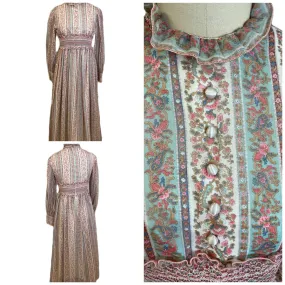 1970s Vintage Romantic Maxi Dress Cottagecore Pink Floral Stripe Victoriana Sz S