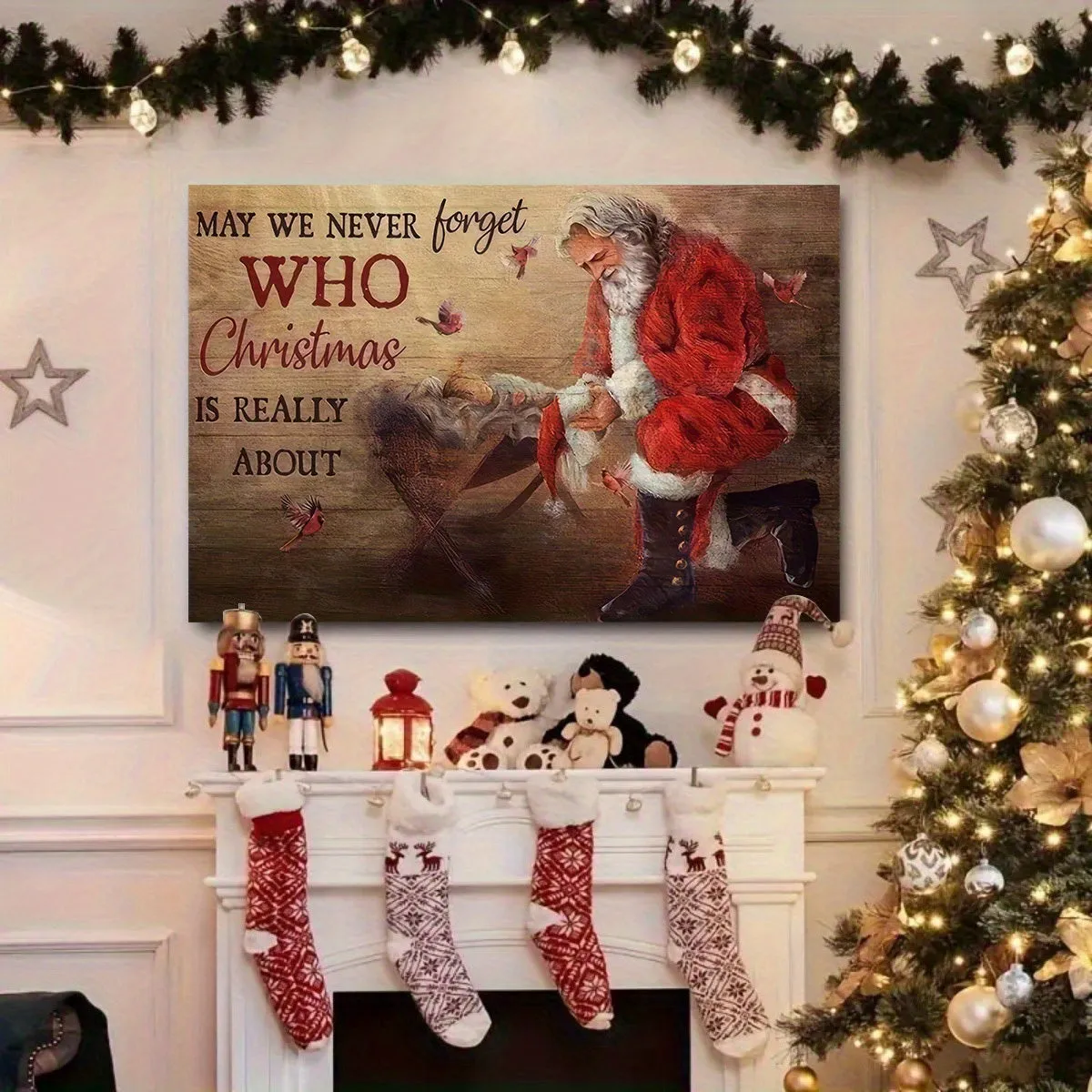 1pc Canvas Framed Christmas Wall Art May We Never Forget Who Christmas Is Really About Red Cardinal Santa Clause Christian Decorations