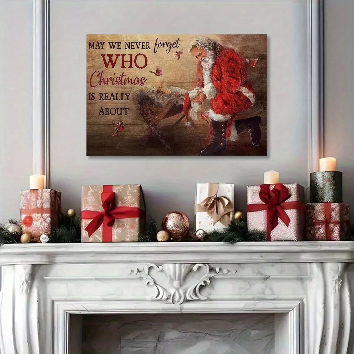 1pc Canvas Framed Christmas Wall Art May We Never Forget Who Christmas Is Really About Red Cardinal Santa Clause Christian Decorations