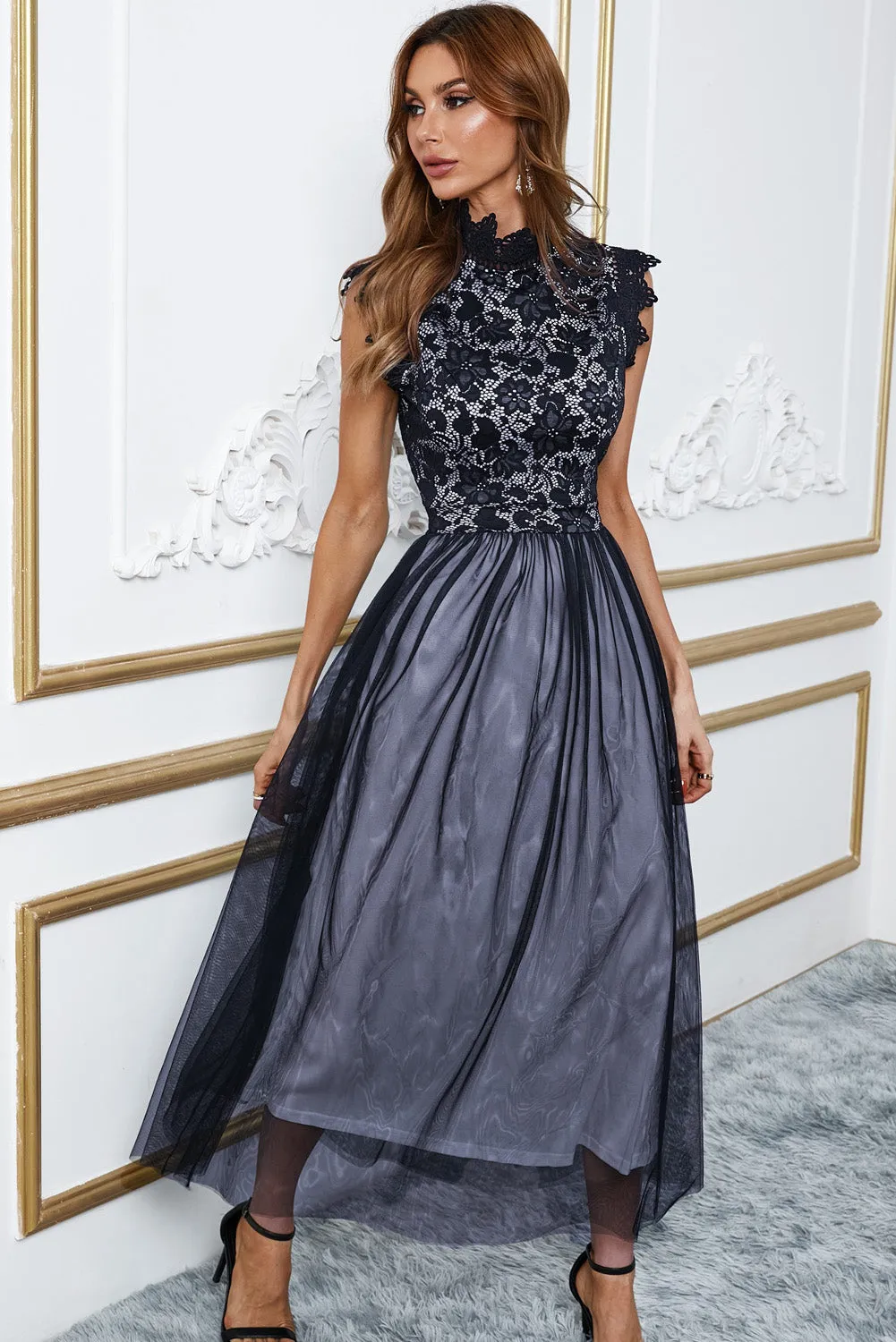 Black High Neck Lace Party Maxi Dress