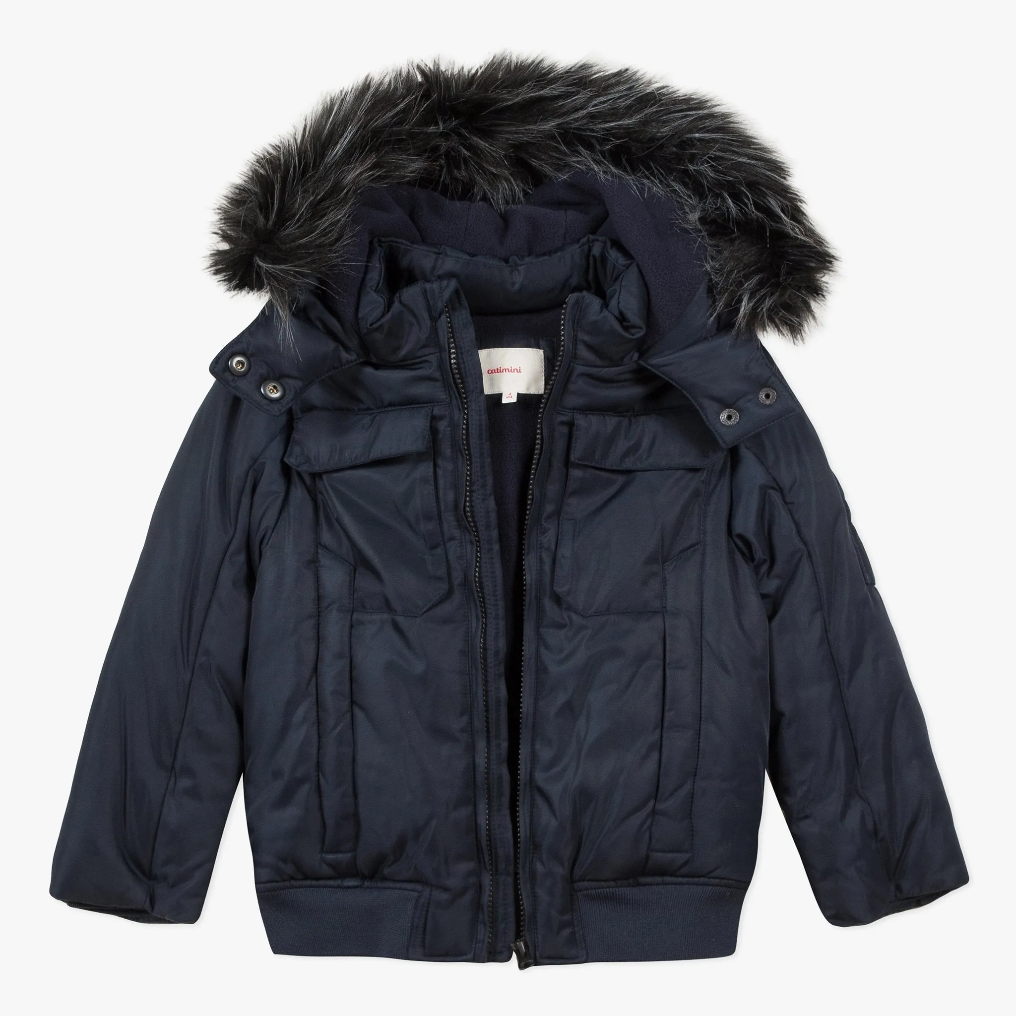 CATIMINI Coated navy blue bomber jacket with faux fur hood