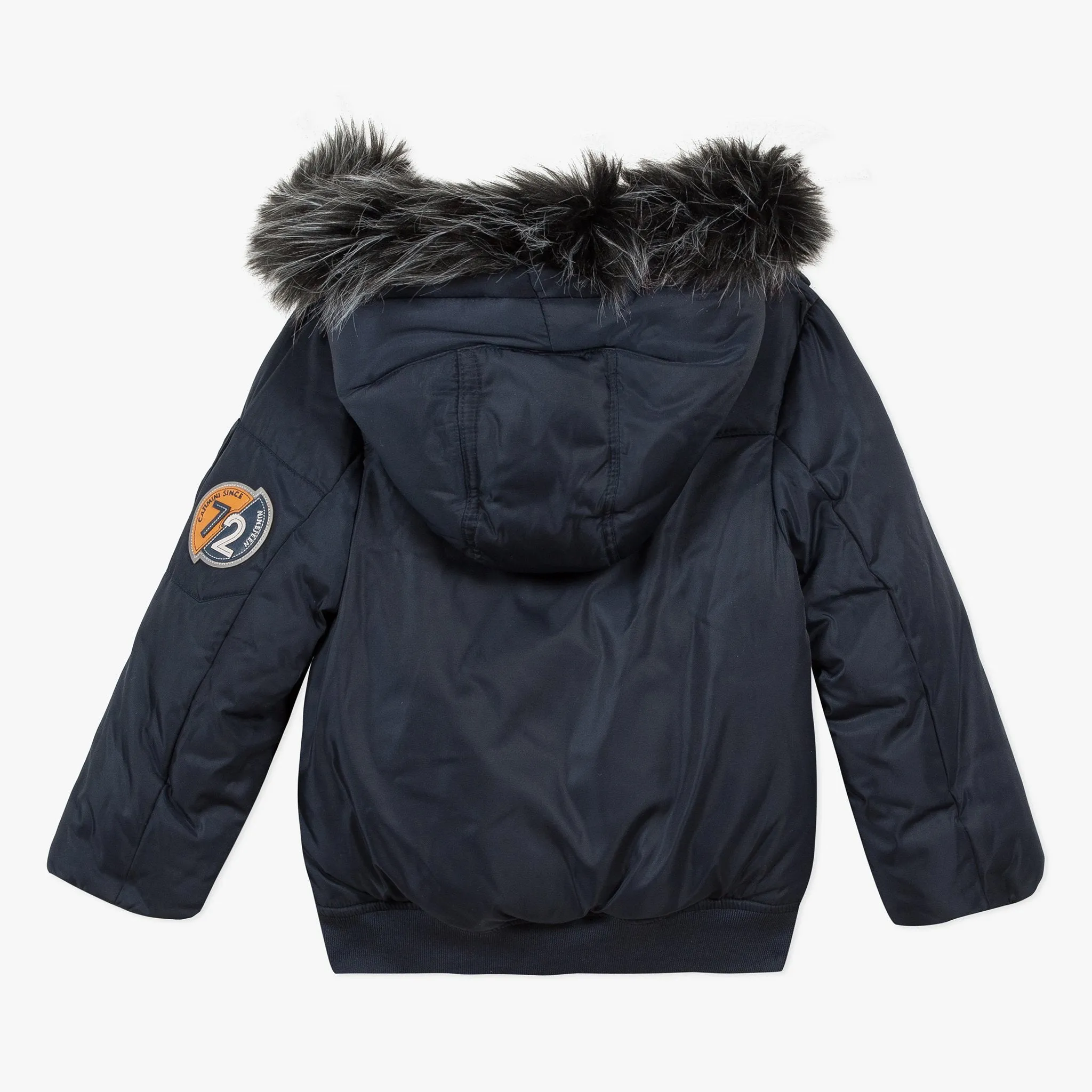 CATIMINI Coated navy blue bomber jacket with faux fur hood