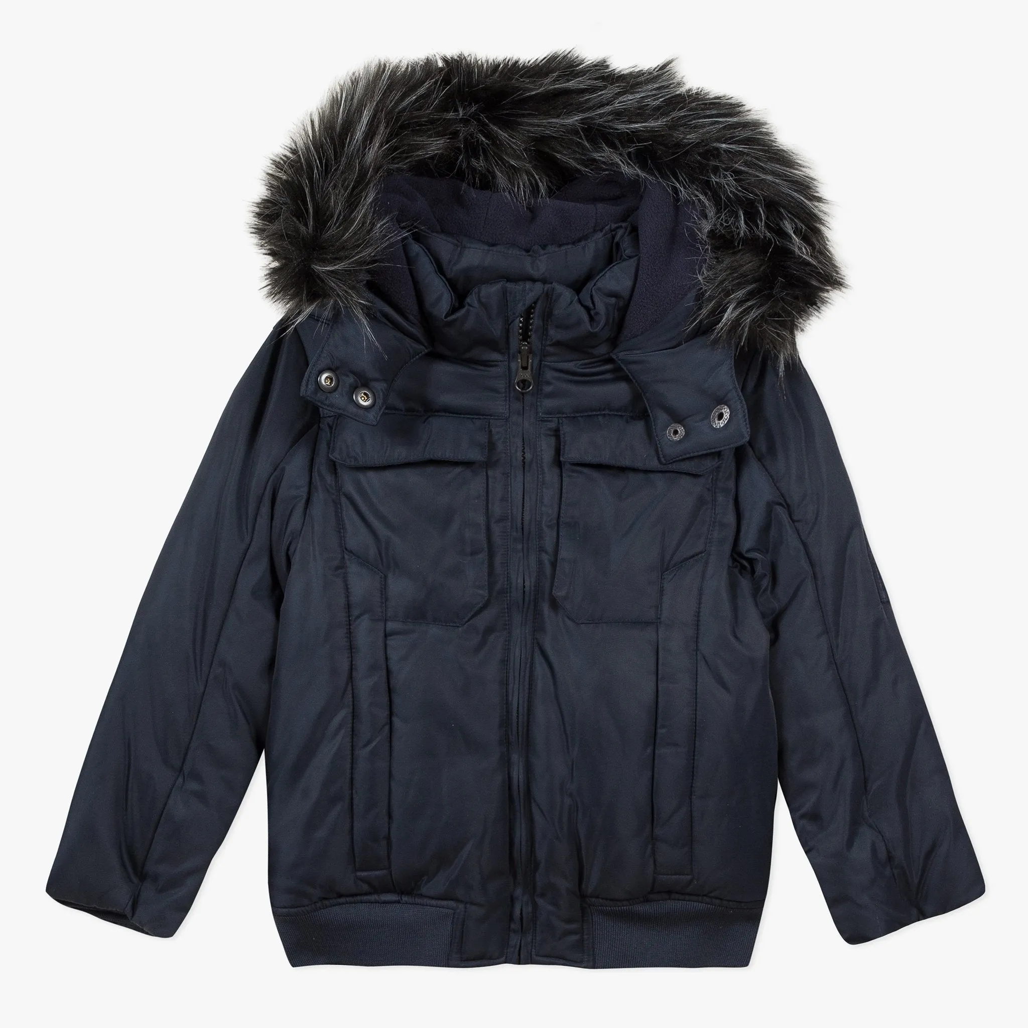CATIMINI Coated navy blue bomber jacket with faux fur hood