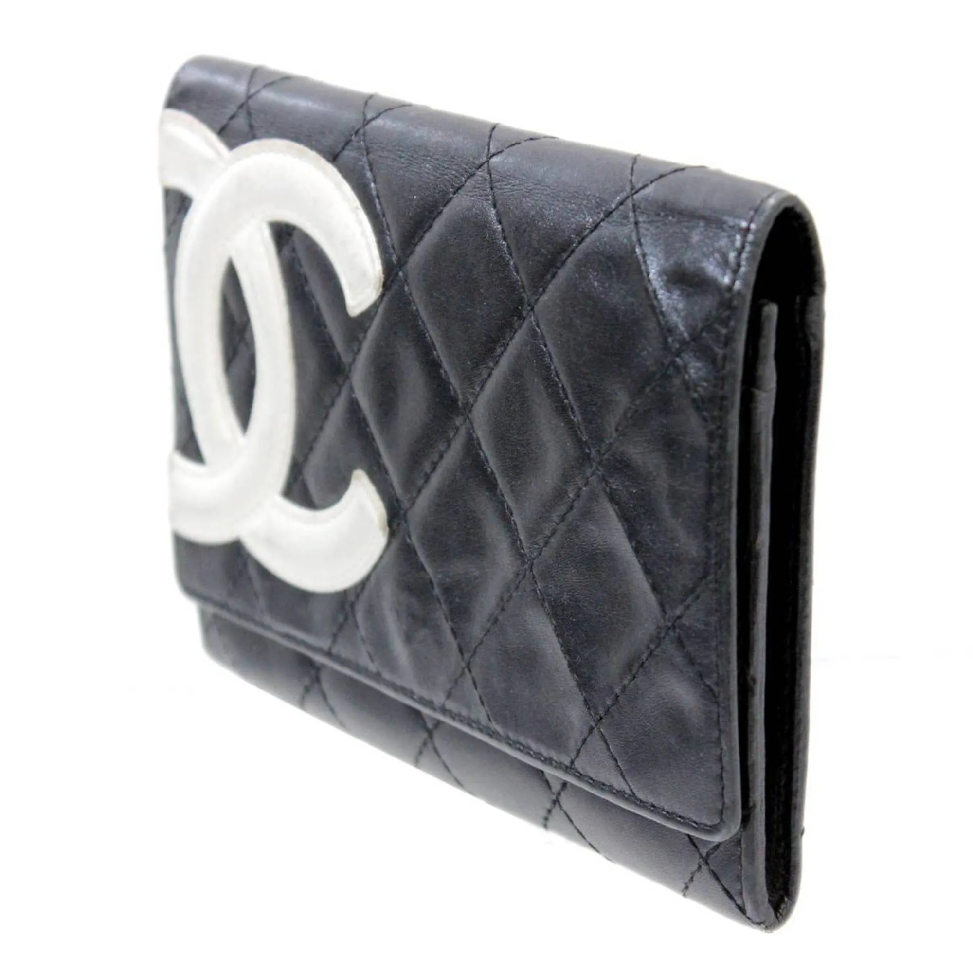 Chanel Black-white Leather Cambon line wallet accessories