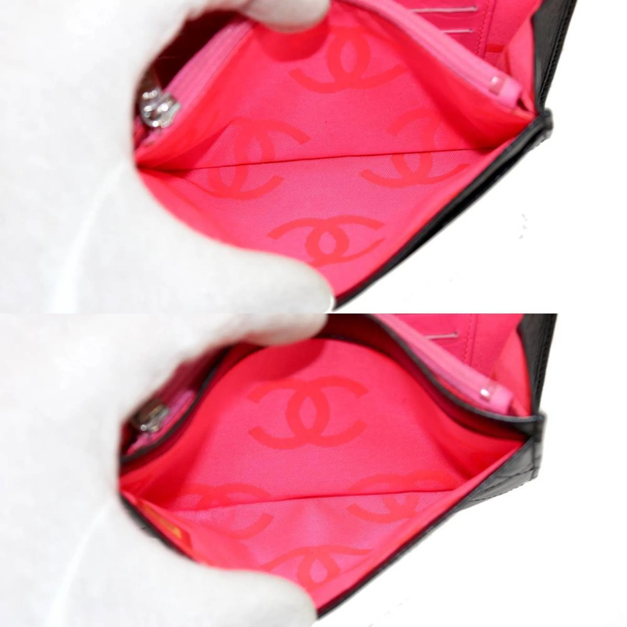 Chanel Black-white Leather Cambon line wallet accessories