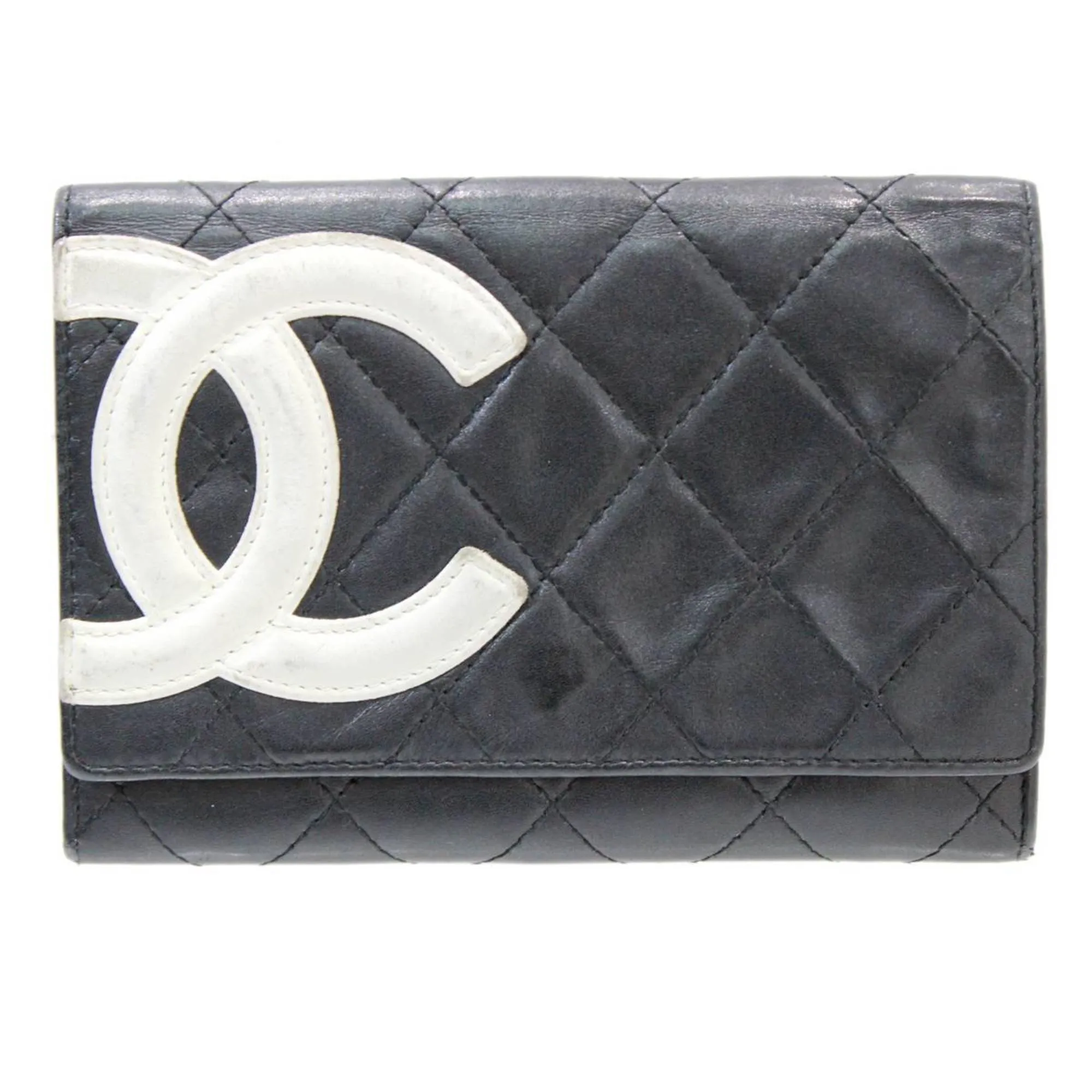 Chanel Black-white Leather Cambon line wallet accessories