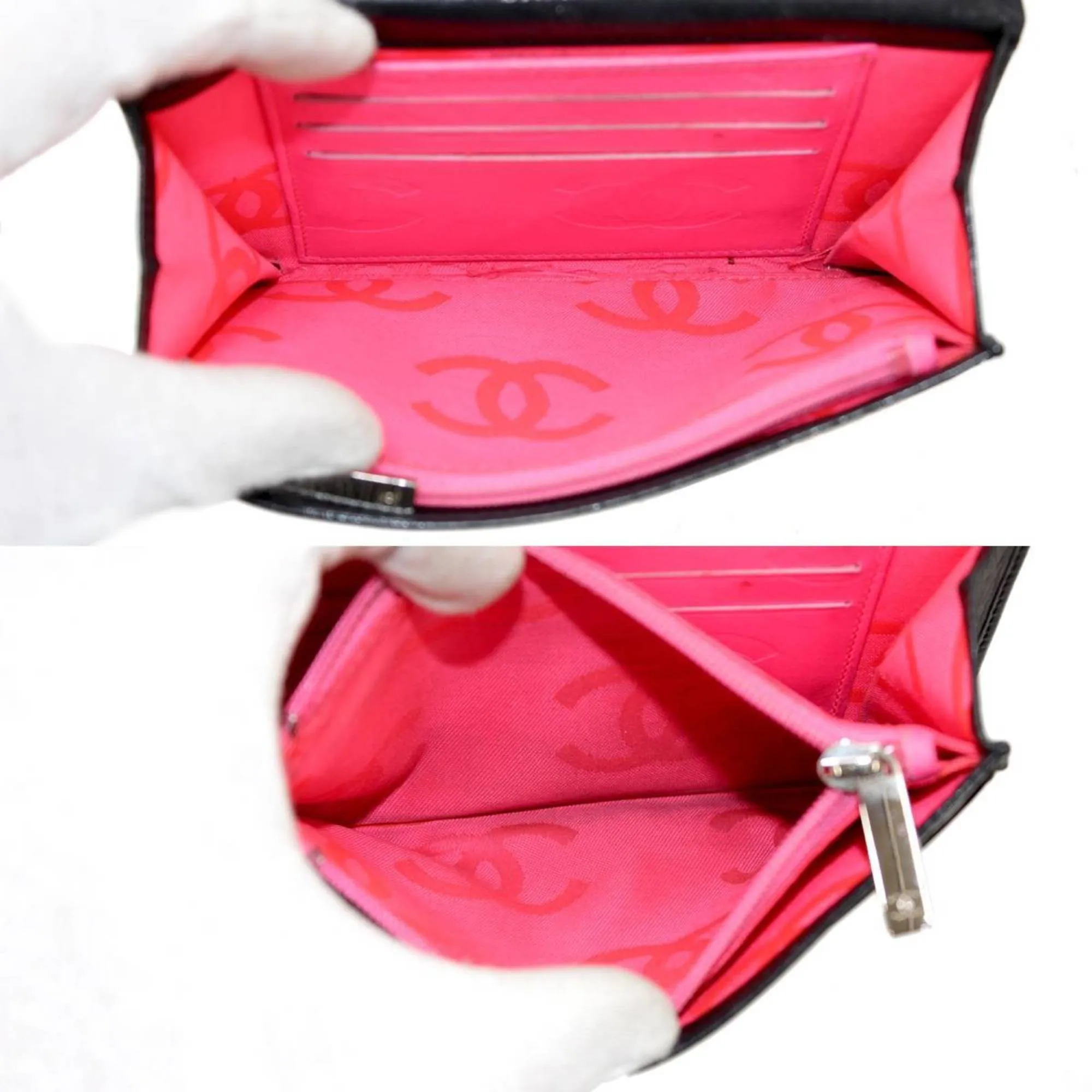 Chanel Black-white Leather Cambon line wallet accessories