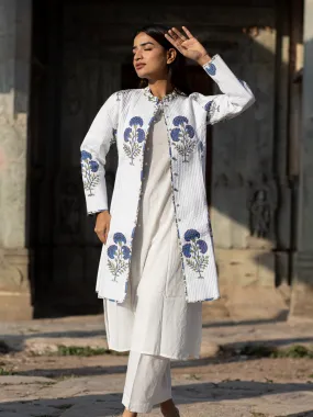 Cotton Quilted Iris Garden Reversible Hand Block Print Women’s Long Jacket