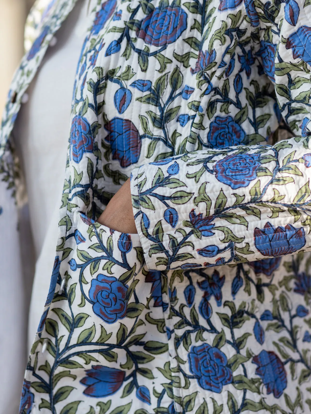 Cotton Quilted Iris Garden Reversible Hand Block Print Women’s Long Jacket