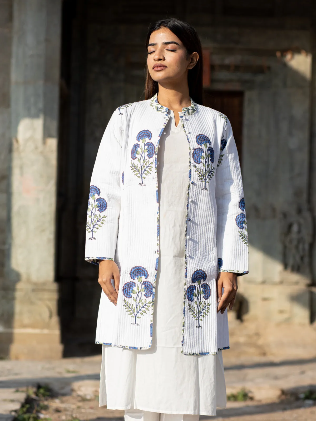Cotton Quilted Iris Garden Reversible Hand Block Print Women’s Long Jacket