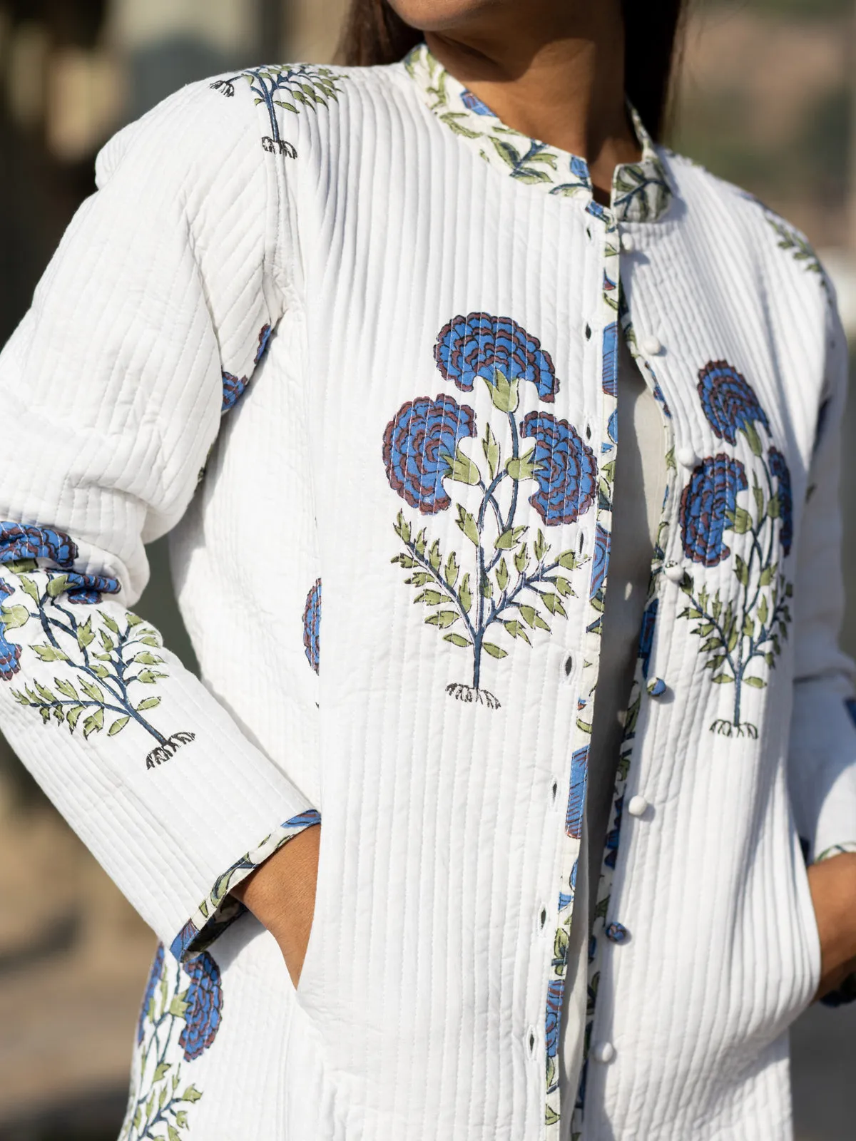 Cotton Quilted Iris Garden Reversible Hand Block Print Women’s Long Jacket