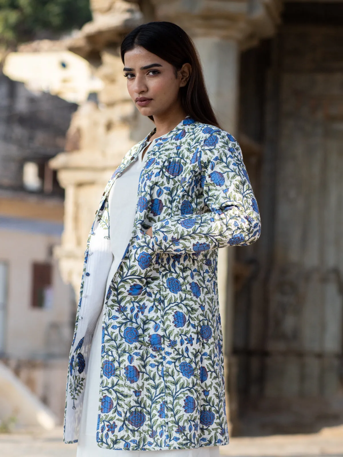 Cotton Quilted Iris Garden Reversible Hand Block Print Women’s Long Jacket