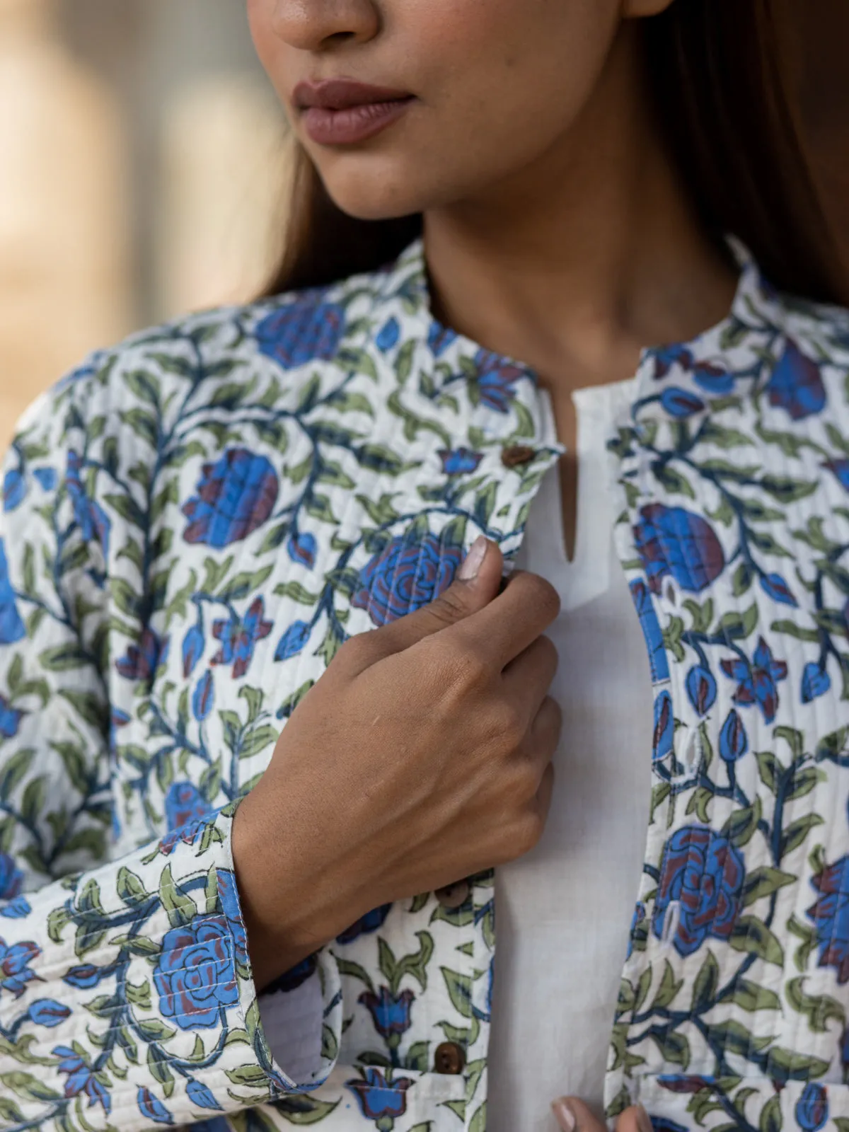 Cotton Quilted Iris Garden Reversible Hand Block Print Women’s Long Jacket