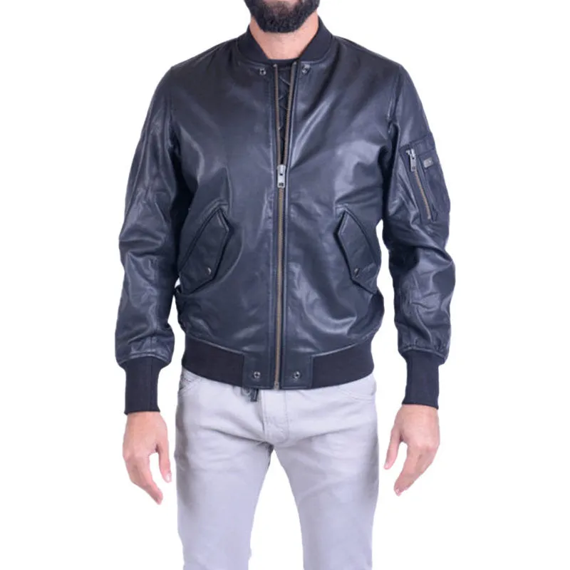 DIESEL L PARKER Mens Bomber Jacket Black Zipped Casual Quilted Leather Jacket