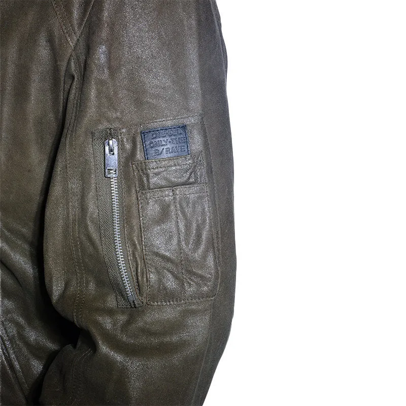 DIESEL Leather Jacket L NIKOLAI Mens Bomber Jacket Cafe Racer Olive Winter Coat