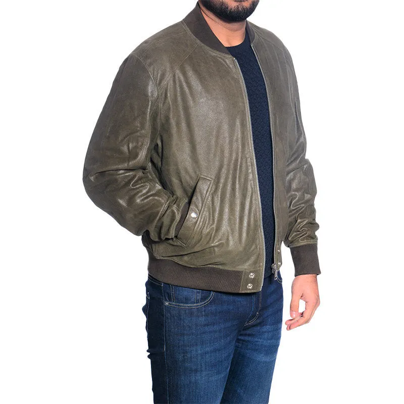 DIESEL Leather Jacket L NIKOLAI Mens Bomber Jacket Cafe Racer Olive Winter Coat