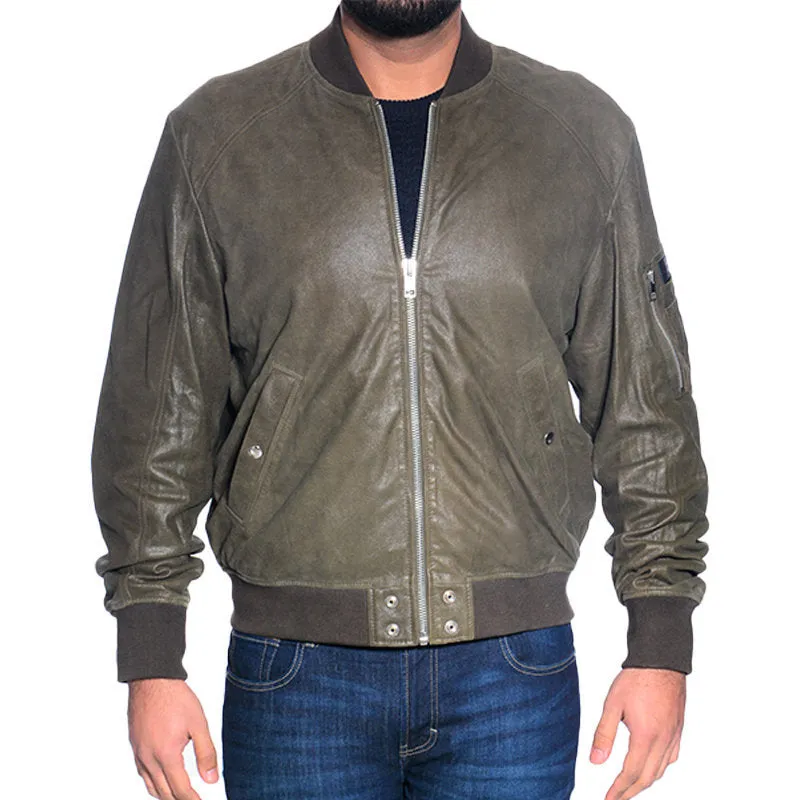 DIESEL Leather Jacket L NIKOLAI Mens Bomber Jacket Cafe Racer Olive Winter Coat