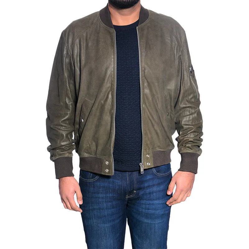 DIESEL Leather Jacket L NIKOLAI Mens Bomber Jacket Cafe Racer Olive Winter Coat
