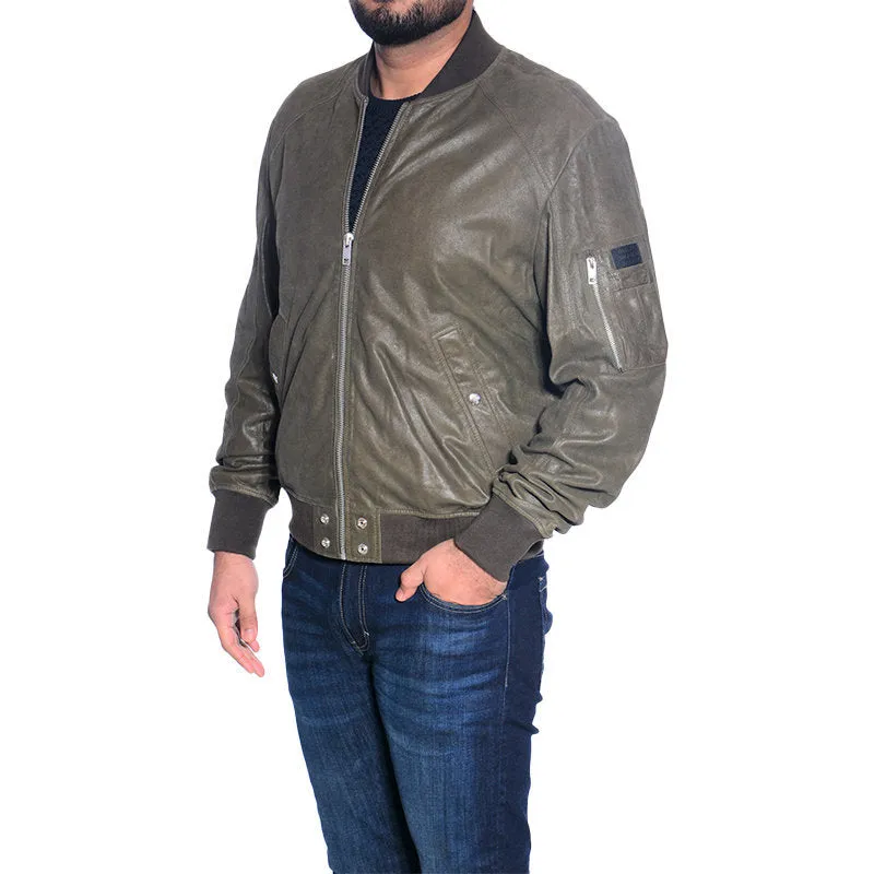 DIESEL Leather Jacket L NIKOLAI Mens Bomber Jacket Cafe Racer Olive Winter Coat