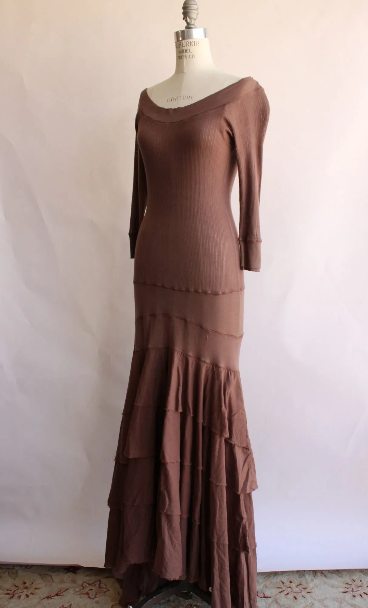 Eco-Ganik womens Dress in brown, Size Small, Full length, multi tiered