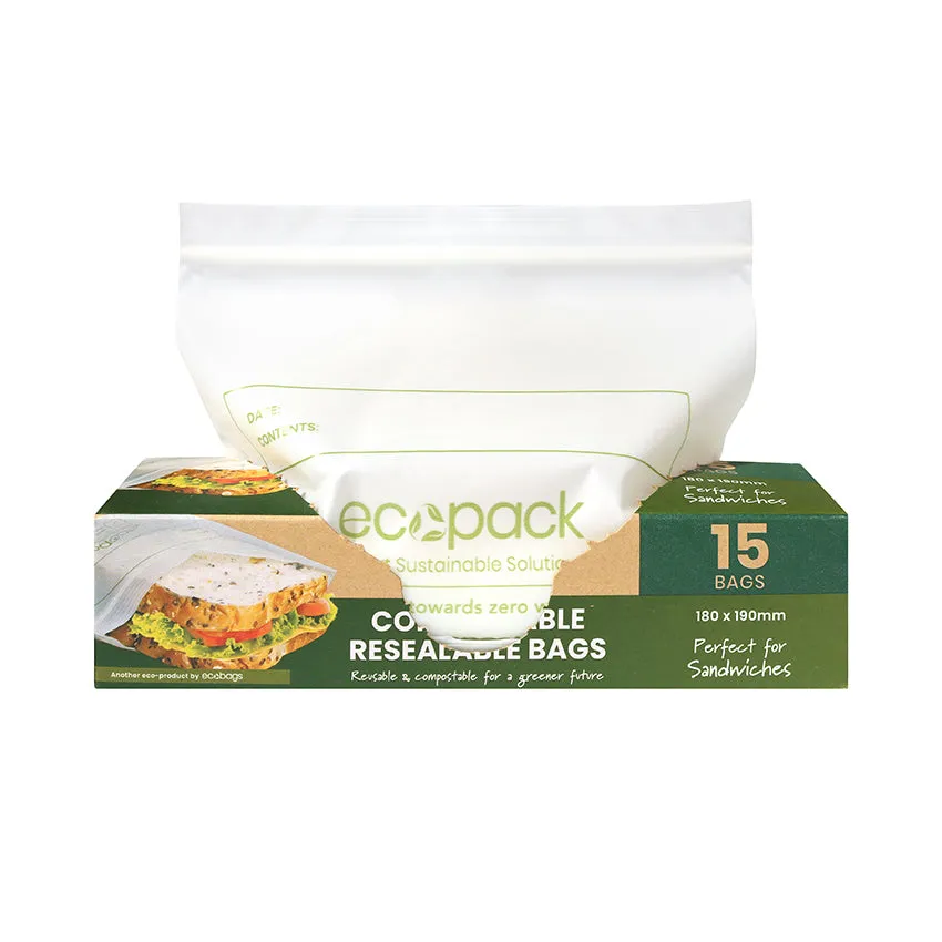 Ecopack Compostable Resealable Sandwich Bags (3 Boxes/45 Bags)