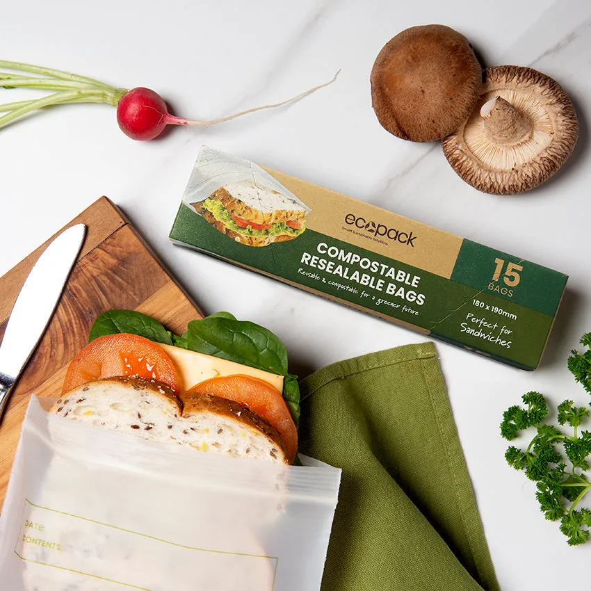 Ecopack Compostable Resealable Sandwich Bags (3 Boxes/45 Bags)