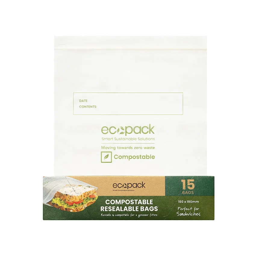 Ecopack Compostable Resealable Sandwich Bags (3 Boxes/45 Bags)