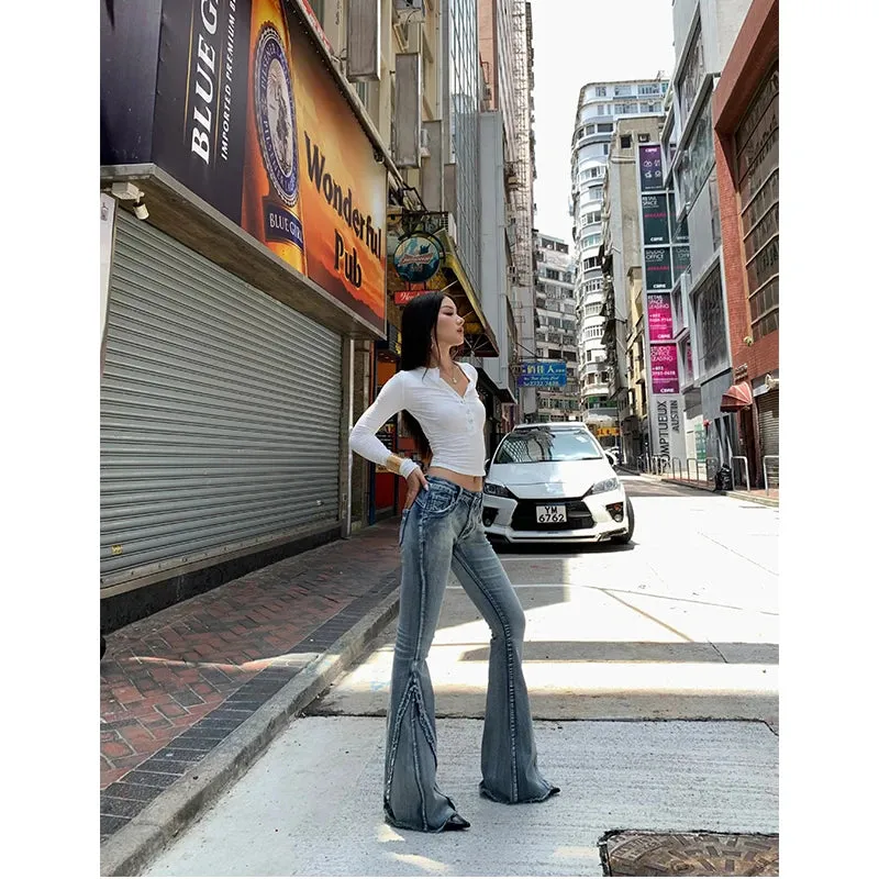 Girlary Blue High Waist Women Jeans American Fashion Vintage Streetwear Wide Leg Denim Trouser Bell-bottoms Baggy Flare Denim Pant
