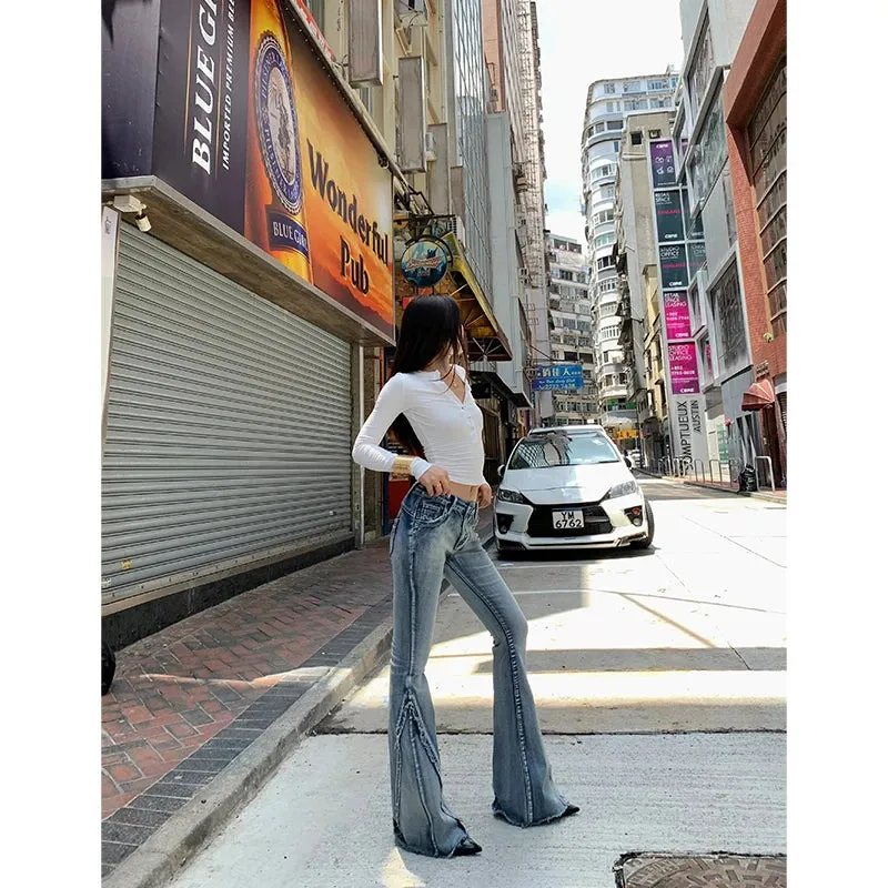 Girlary Blue High Waist Women Jeans American Fashion Vintage Streetwear Wide Leg Denim Trouser Bell-bottoms Baggy Flare Denim Pant
