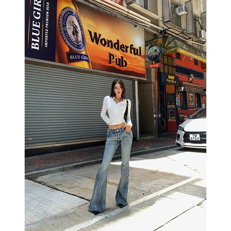 Girlary Blue High Waist Women Jeans American Fashion Vintage Streetwear Wide Leg Denim Trouser Bell-bottoms Baggy Flare Denim Pant