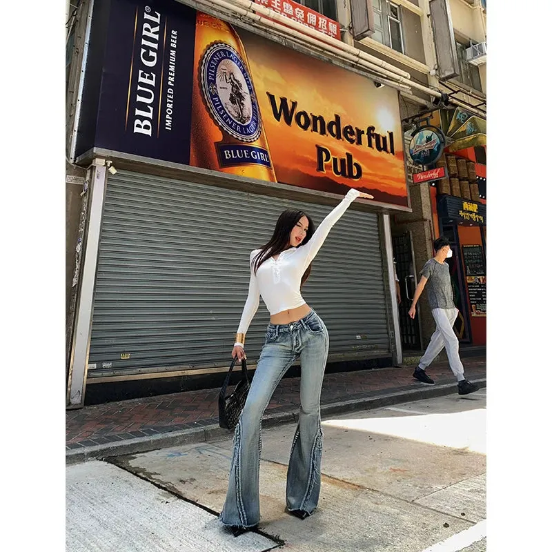 Girlary Blue High Waist Women Jeans American Fashion Vintage Streetwear Wide Leg Denim Trouser Bell-bottoms Baggy Flare Denim Pant