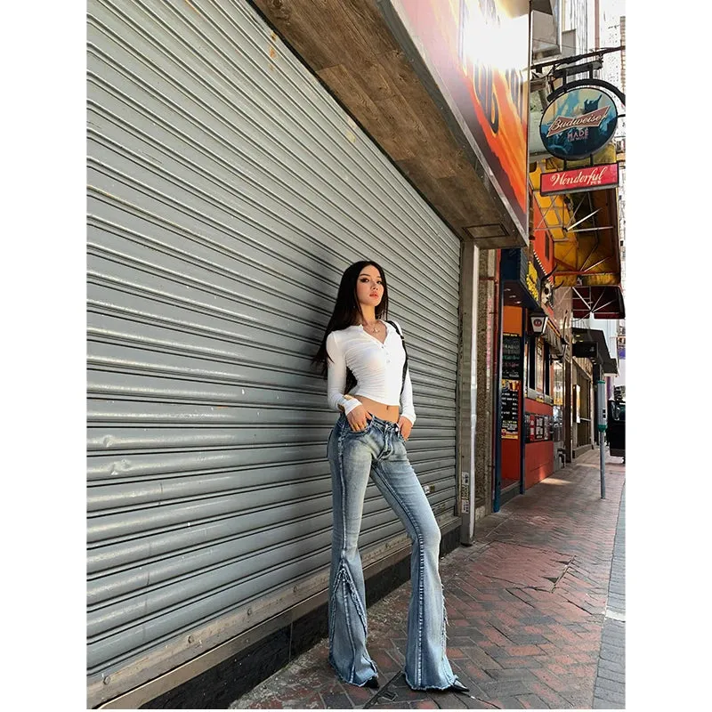 Girlary Blue High Waist Women Jeans American Fashion Vintage Streetwear Wide Leg Denim Trouser Bell-bottoms Baggy Flare Denim Pant