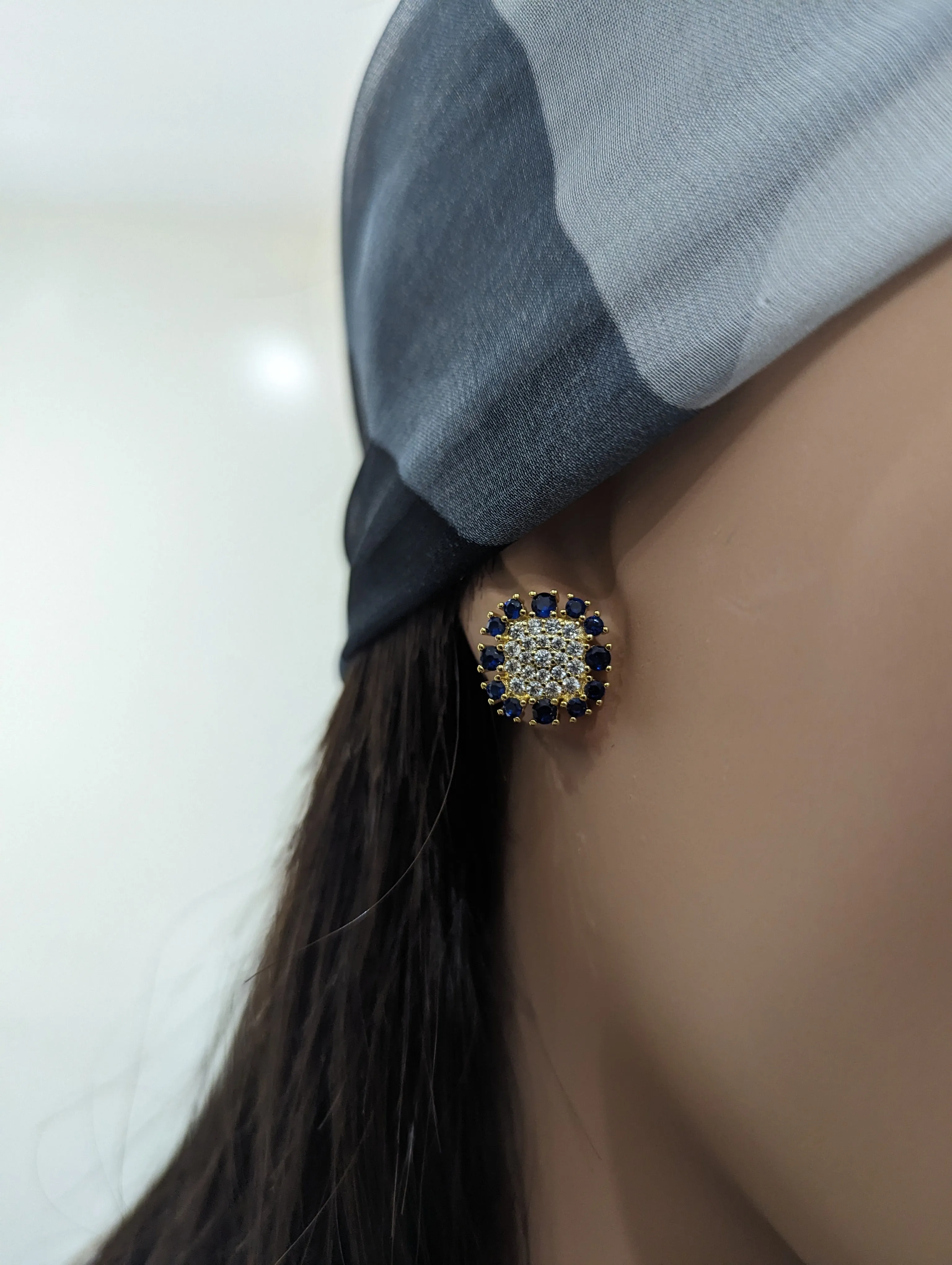 Gold-Plated Surgical Steel Sapphire Around CZ Square Stud Earrings