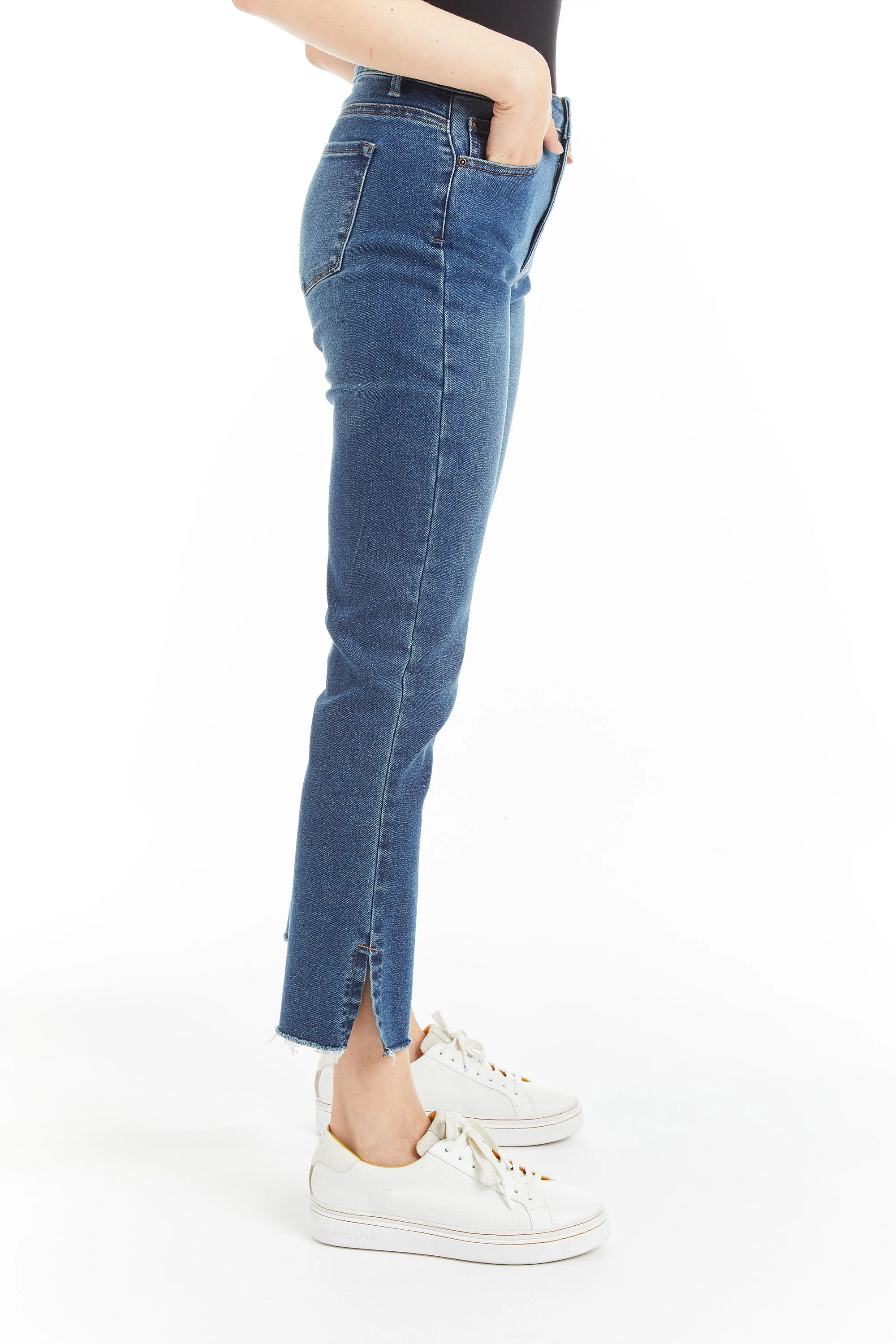 High Rise Ankle Crop Flare With Side Slit Fray Hem