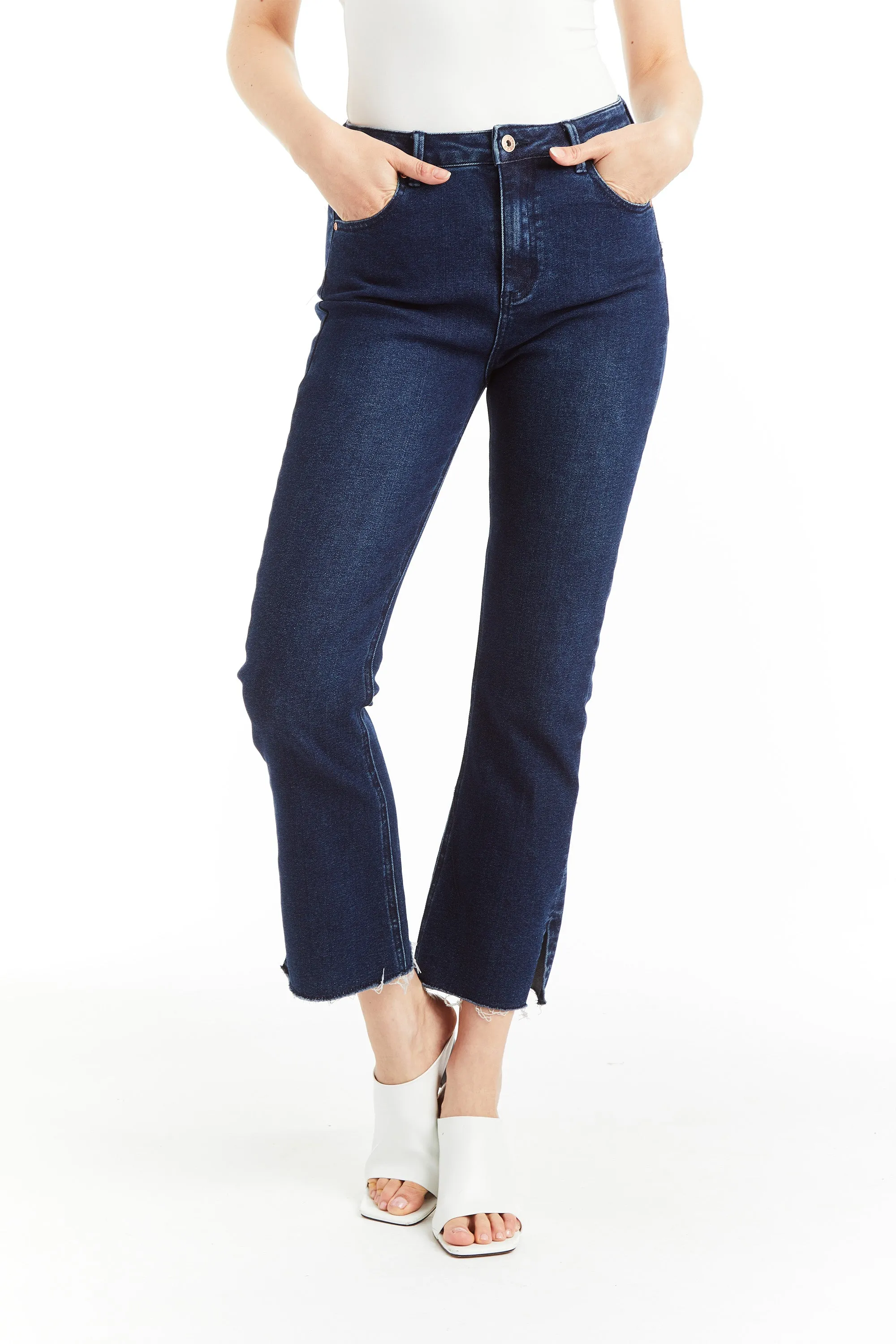 High Rise Ankle Crop Flare With Side Slit Fray Hem