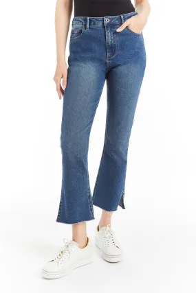 High Rise Ankle Crop Flare With Side Slit Fray Hem