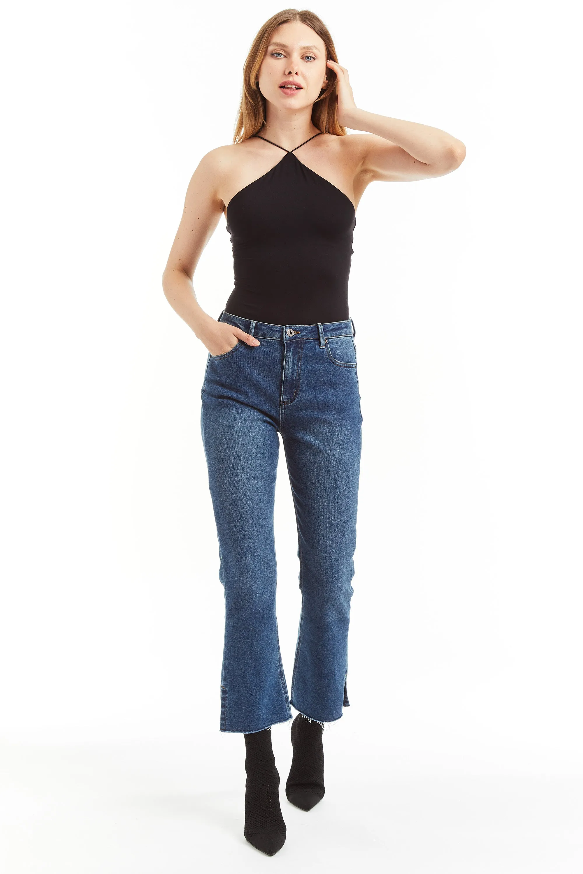 High Rise Ankle Crop Flare With Side Slit Fray Hem