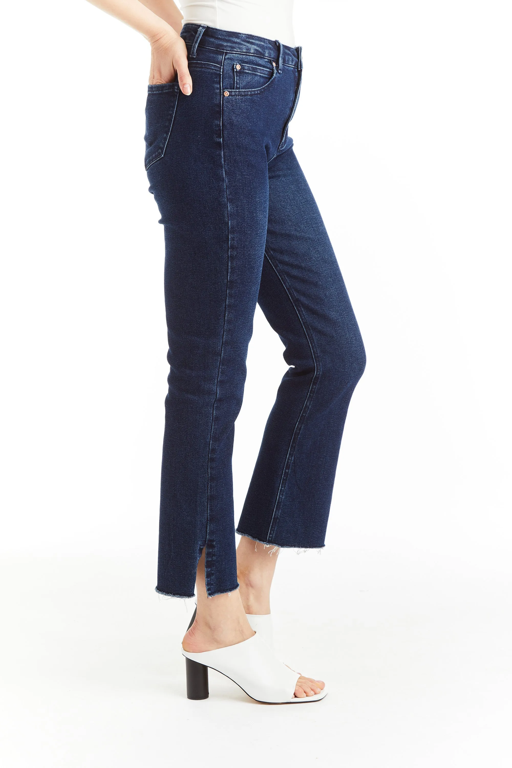 High Rise Ankle Crop Flare With Side Slit Fray Hem