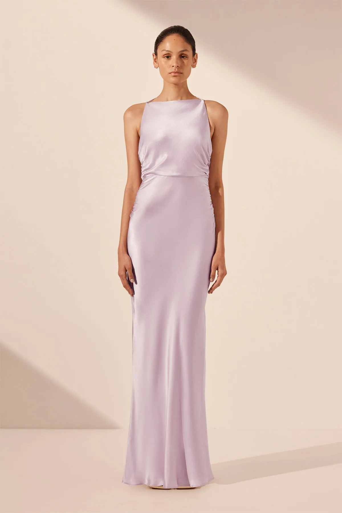 LA LUNE HIGH NECK RUCHED MAXI DRESS - LILAC