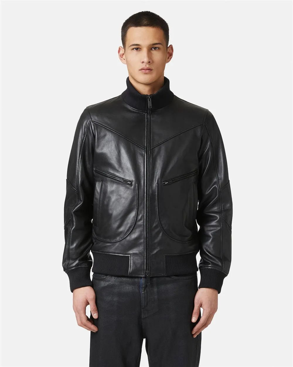 Leather Bomber Jacket With Iceberg Logo (Black) - I24ZO3068049000