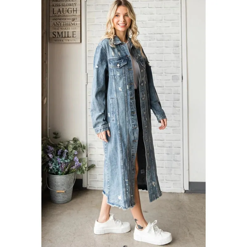 Long Sleeve Destroyed Denim Long Jacket