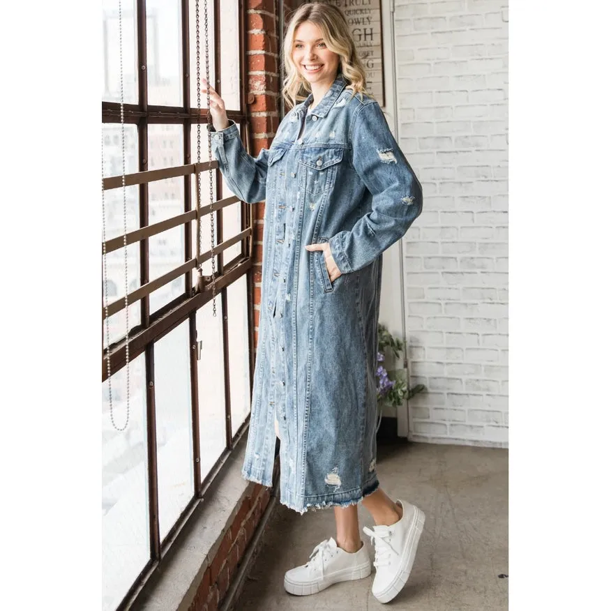 Long Sleeve Destroyed Denim Long Jacket