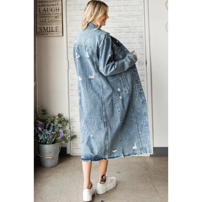 Long Sleeve Destroyed Denim Long Jacket