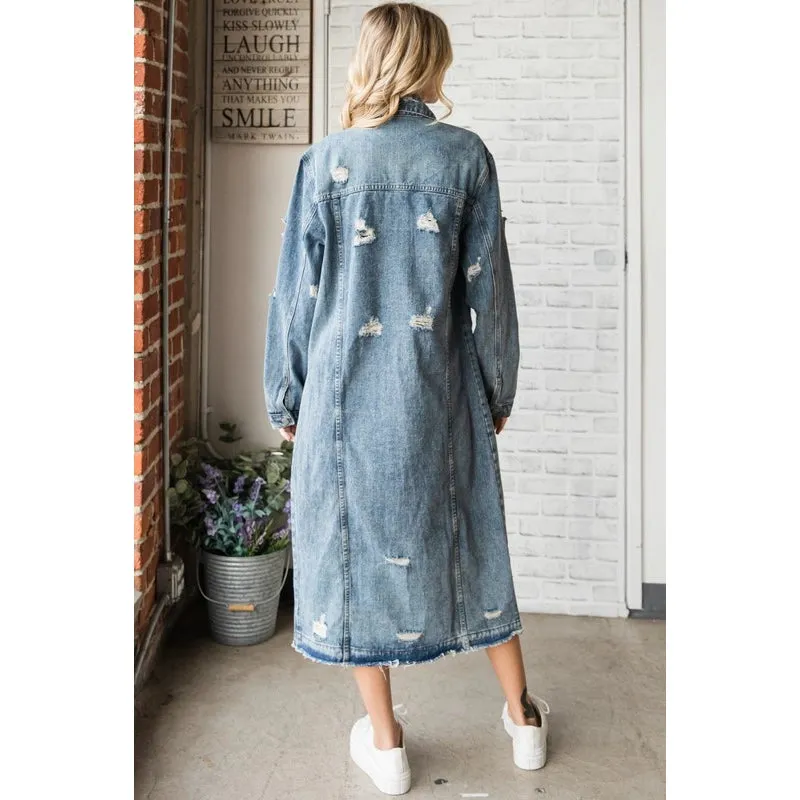 Long Sleeve Destroyed Denim Long Jacket