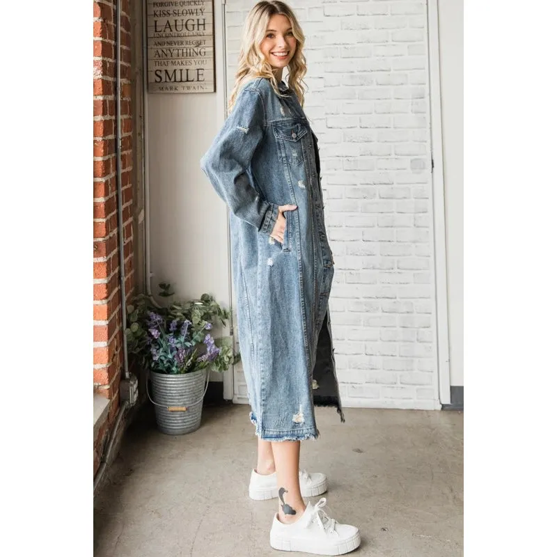 Long Sleeve Destroyed Denim Long Jacket