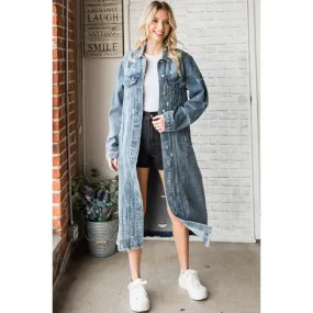 Long Sleeve Destroyed Denim Long Jacket