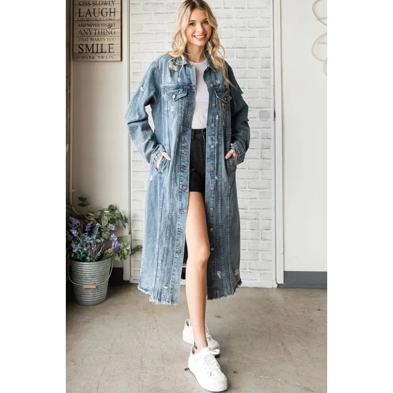 Long Sleeve Destroyed Denim Long Jacket