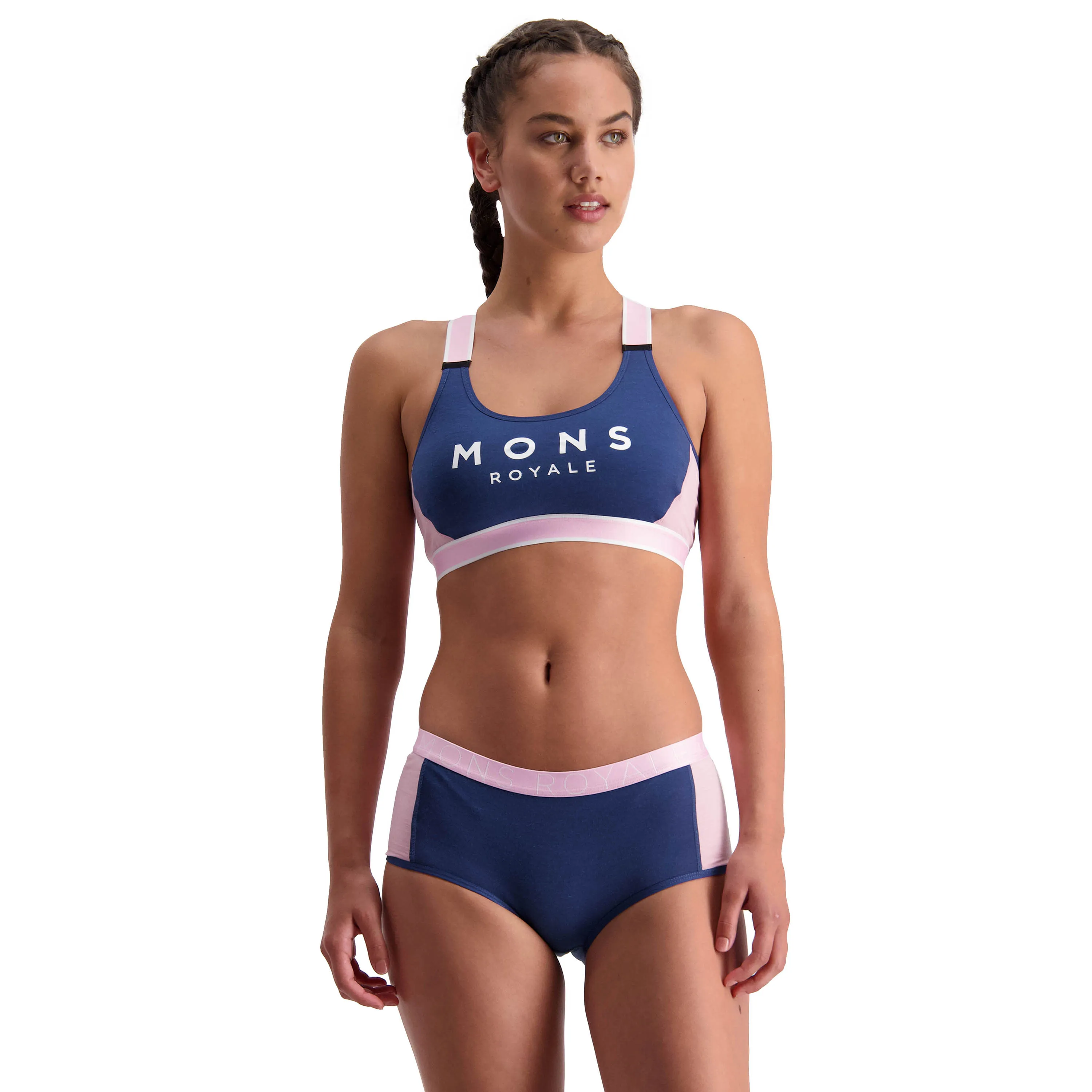 Mons Royale Women&#x27;s Stella X-back Bra Dark Denim/Powder Pink | Buy Mons Royale Women&#x27;s Stella X-back Bra Dark Denim/Powder Pink here | Outnorth