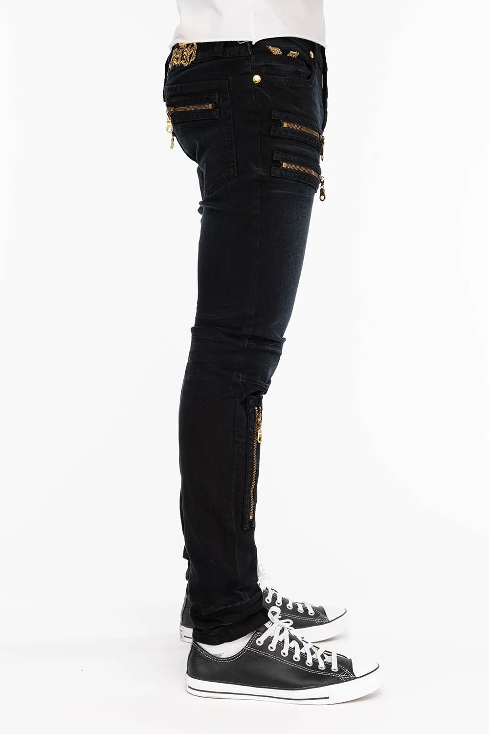 NEW BIKER IN F_UP BLACK WITH GOLD EMBROIDERED O.E SCRIPT