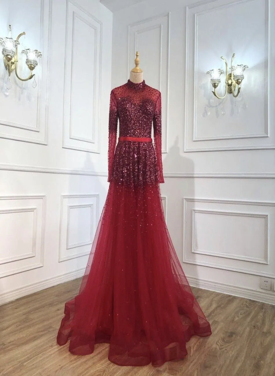 Novaah - High Collar Beaded Evening Dress